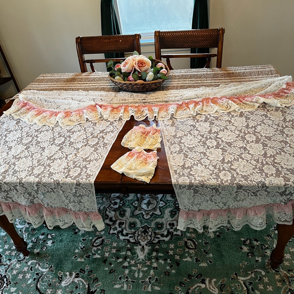 Vintage White and pink lace curtains.
